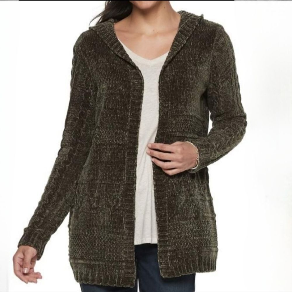 SONOMA Women's Army Circt Boucle Hooded Long Sleeve Cardigan